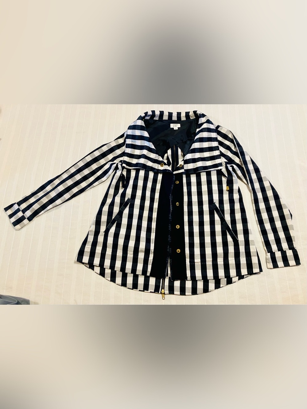 Crown & Ivy Navy White Buffalo Check Zip-Back Jacket - Size Small